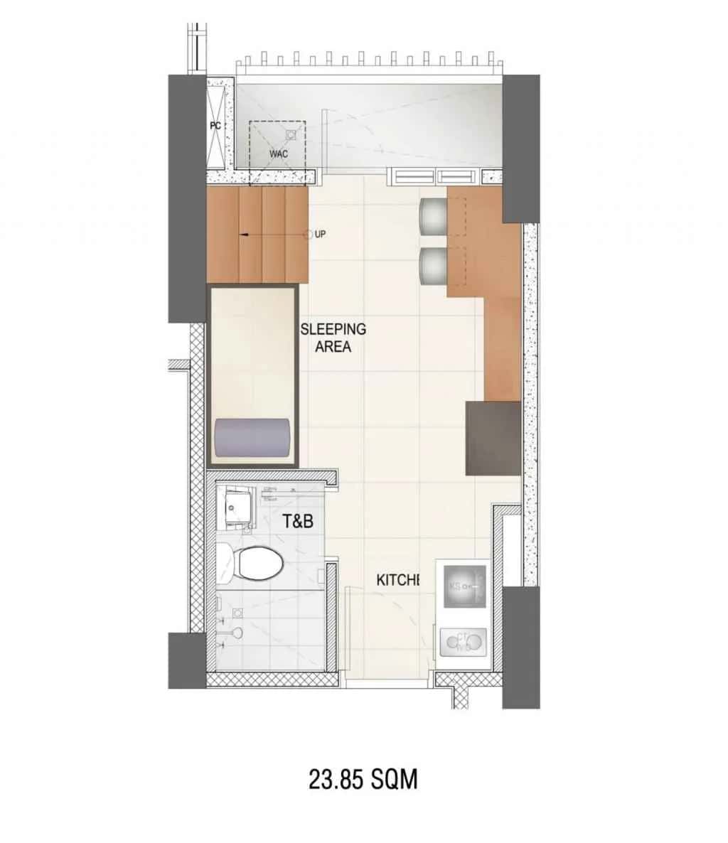 Studio B unit floor plan at Torre Lorenzo Central