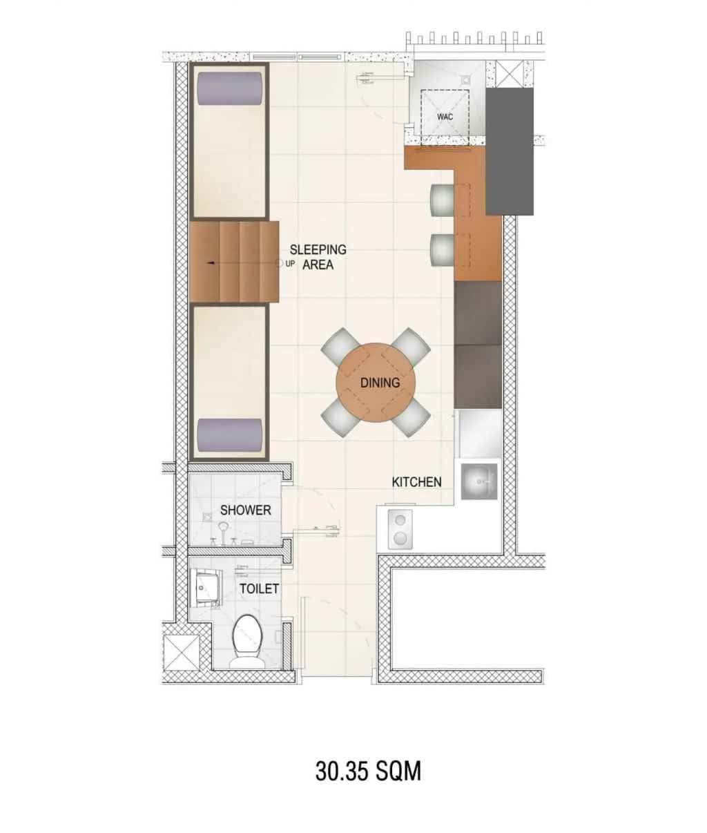 Studio F unit floor plan at Torre Lorenzo Central